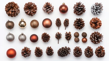 Wall Mural - Flat lay of Christmas ornaments, pine cones, and festive decorations arranged on a white background. PNG transparent.