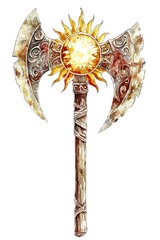 Wall Mural - Watercolor illustration of a fantasy axe with a sun design.