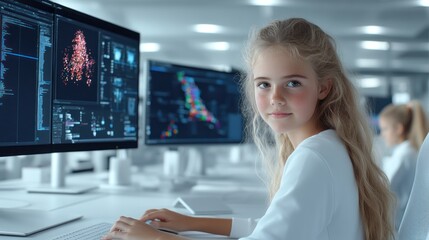 Wall Mural - Productive and Positive: Smiling Young Woman Working on Computer in Modern Office