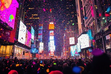 Vibrant crowd celebrating New Year in neon-lit city.