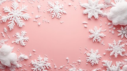 Sticker - Snow-covered pink background with gentle white snowflakes, creating a sweet Christmas winter design. The pink hue adds a soft, festive charm.