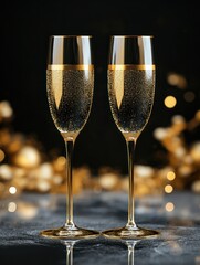 Wall Mural - Sparkling champagne flutes with festive Christmas background. Happy New Year and wedding concept. Banner