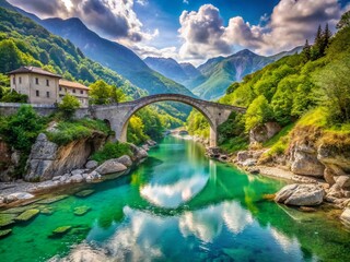 Wall Mural - Stunning View of the Bridge Over the Soca River in Piedimonte del Calvario, Italy, Showcasing Lush Landscapes and Crystal Clear Waters in a Beautiful Natural Setting