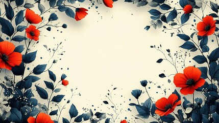 Wall Mural - A Frame of Red Flowers and Blue-Grey Leaves