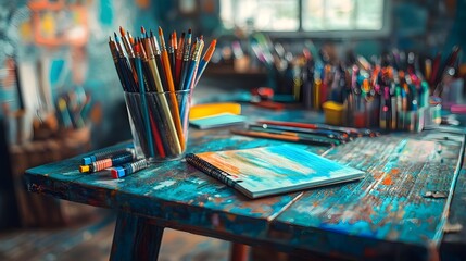 Closeup image of a vibrant cluttered desk featuring an array of colorful educational tools and supplies such as notebooks pens and markers