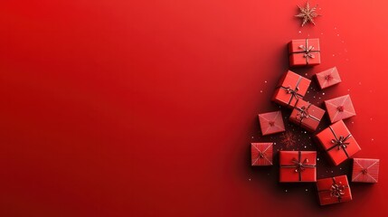 Poster - christmas tree made of stacked gift boxes on red background. Season greetings concept