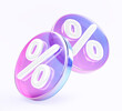 © marozhkastudio - 3d glass holographic falling circle sale tag or label with percent sign render. Rainbow crystal round shopping discount badge with pink blue gradient. Offer, price, bank interest rate. 3D illustration