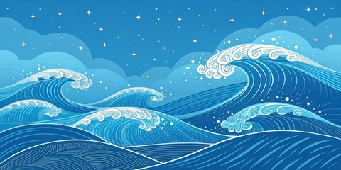 Ocean Waves and Stars, a Blue and White Abstract Illustration of the Sea at Night