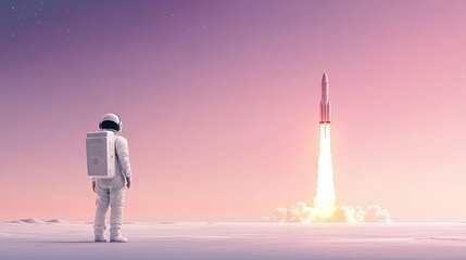  Astronaut Watching a Rocket Launch Against a Beautiful Pink Sky