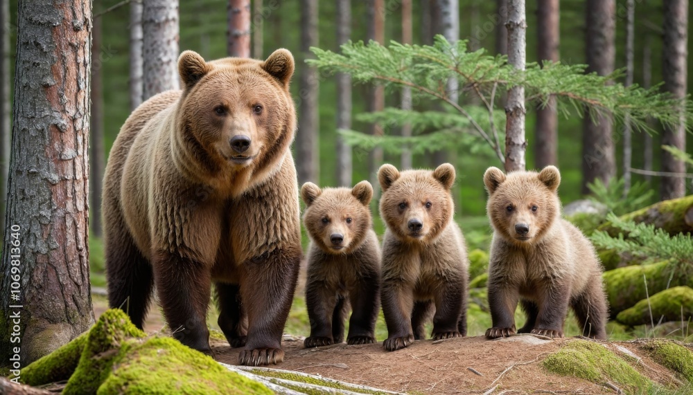 Stock-Foto „Mama bear and her cute cubs in a forest. Close up of female ...