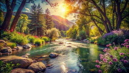 Wall Mural - Vintage Style Photography of a Serene Laguna Mountain River Flowing Through Lush Greenery with Sunlight Filtering Through the Trees, Creating a Tranquil Nature Scene