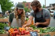 © Bos Amico - Eco conscious couple exploring a lively neighborhood farmers market delicately inspecting fresh organic produce