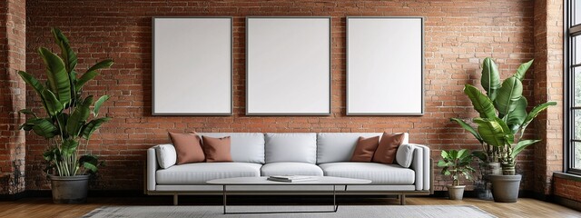 Blank Canvas Frames on Red Brick Wall with Sofa in Loft Room, Empty Three Picture Frames on Loft Style Wall, Photo Frames Mockup on Brick Wall