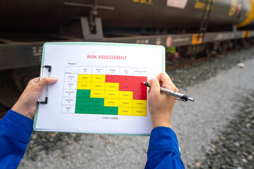 Wall Mural - a project engineer is writing on risk assessment matrix with different color that represent as risk 