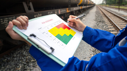 Wall Mural - a project engineer is writing on risk assessment matrix with different color that represent as risk 