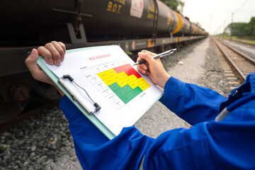 Wall Mural - a project engineer is writing on risk assessment matrix with different color that represent as risk 