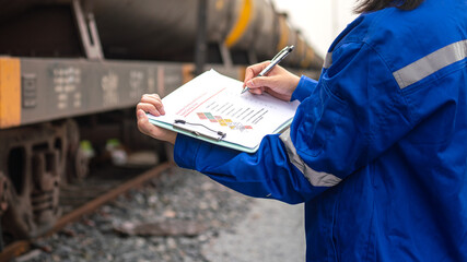 Wall Mural - a worker is checking on chemical hazardous material checklist form with background of train tanker t