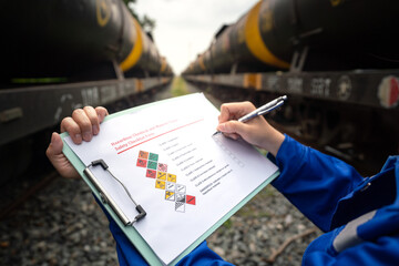 Wall Mural - a worker is checking on chemical hazardous material checklist form with background of train tanker t