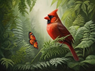 red cardinal on a branch,red bird on a branch,butterfly in the jungle