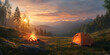 © 子熙 陈 - Campfire camp in the morning/evening glow, with delicious food in the cookware on the campfire. Outdoor supplies, travel, hiking, business poster, background, wallpaper, camping, picnic, campfire