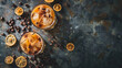 © lanters_fla - Two glasses of Carajillo, espresso coffee cocktail with ice cubes, orange slices and coffee beans on a wooden table, dark blue background with copy space.