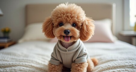 Adorable fluffy poodle in cozy sweater