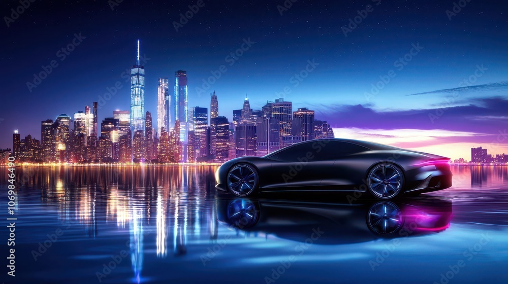 New York skyline at night from the waterfront, city glow reflecting on ...