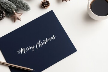 Christmas card lying on white table with coffee and decorations