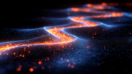 Wall Mural - Abstract Glowing Wave Pattern with Blue and Orange Particles on Dark Background