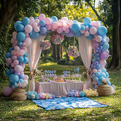 beautiful outdoor gender reveal party setup featuring pastel balloons, floral decorations, and dessert table. vibrant colors create joyful atmosphere for celebration