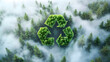 © UniqGraphicX - Recycle icon on nature background with trees and fog. Sustainability and renewable resources concept