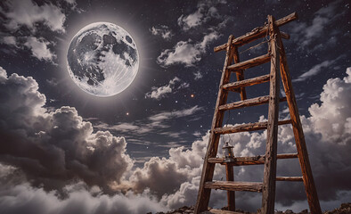 Wall Mural - ladder is on a hill with a full moon in the sky