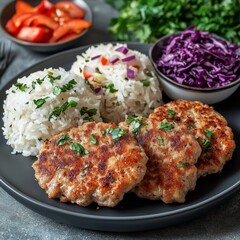 Wall Mural - Cutlets, cabbage, and rice presented