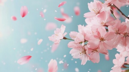 Wall Mural - Soft pink cherry blossoms, petals in air, isolated background, spring delicate charm.