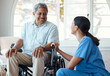 © peopleimages.com - Nurse, man with a disability and smile for wheelchair, healthcare and support with assisted living. Women, caregiver and empathy for homecare service, discussion and rehabilitation with senior care