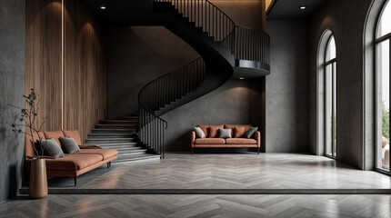 Wall Mural - a staircase is in the middle of a room with a couch and a chair