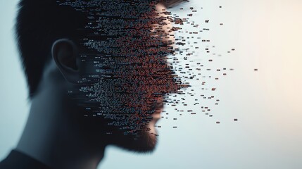 An abstract representation of a human silhouette merging with a digital code stream, representing the blurring lines between the physical and digital realms in an increasingly digital world.