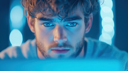 A developer working late at night, illuminated by the glow of his laptop screen, focused on debugging code and meeting a deadline.