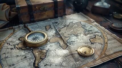 Vintage compass and old world map, wooden chest, and gold coin. AI generative. .