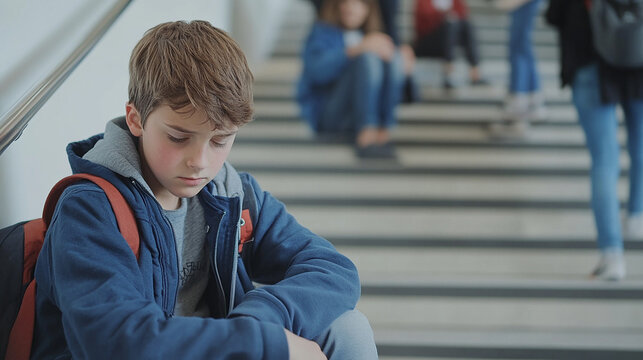 階段に座る落ち込んだ少年