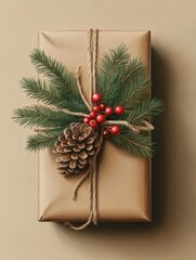 Wall Mural - A natural Christmas gift wrapped in brown paper, decorated with pine branches, red berries, and pinecones on a beige background.