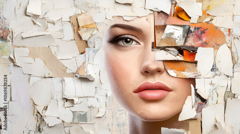 An abstract representation of a woman's face crafted from paper pieces ...