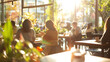 © sticker2you - A warm and inviting cafe scene with sunlight streaming through large windows, creating cozy atmosphere