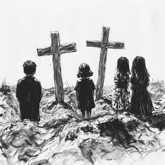 A realistic black and white sketch of two wooden crosses on freshly dug graves, with an eight-year-old boy and three small girls standing beside them. generative ai