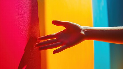 Wall Mural - Hand touching colorful wall, bright background