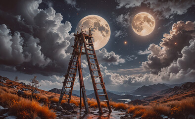 Wall Mural - ladder is on a hillside next to a body of water