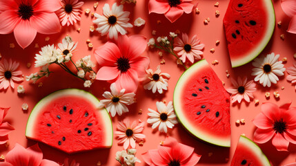 Sliced watermelon and summer flowers on pink background  image. Vegan dessert with floral decor pattern photo backdrop wallpaper realistic. Trendy design concept photorealistic