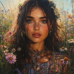 Wall Mural - woman lifelike portrait showcasing her vibrant personality amidst field of colorful wildflowers. Her expressive features and natural beauty radiate joy and warmth