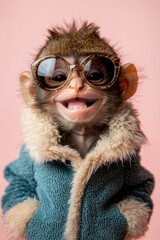 Sticker - A cute monkey wearing sunglasses and a blue coat. AI.