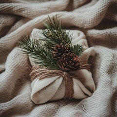 Wall Mural - Eco-friendly Christmas gift wrapped in fabric, decorated with pine sprigs and a pinecone, natural and sustainable holiday gift wrapping, cozy and warm, selective focus